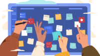 Illustrazione. Una lavagna con post-it e diverse mani che li attaccano e indicano dettagli.