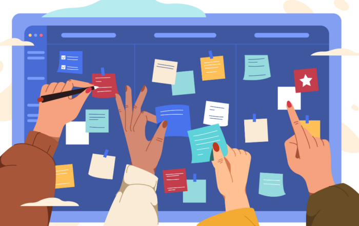 Illustrazione. Una lavagna con post-it e diverse mani che li attaccano e indicano dettagli.