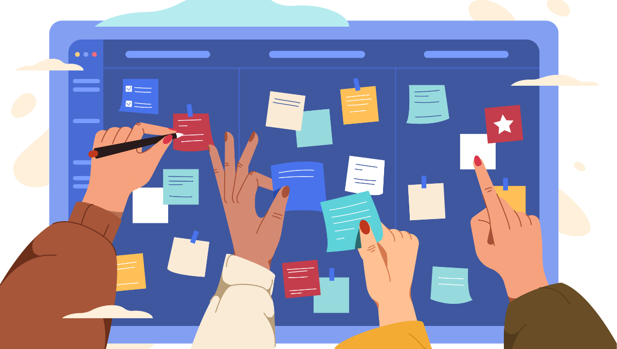 Illustrazione. Una lavagna con post-it e diverse mani che li attaccano e indicano dettagli.