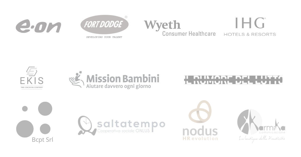 Elenco loghi aziende con cui ho lavorato. Nodus Srl, Ekis Srl, Karmika Srl, Bcpt Srl Eon Spa, Wyeth Consumer Healthcare, IHG Hotel & Resort, Mission Bambini Onlus, Saltatempo Onlus, Il Rumore del Lutto, festival prodotto da Segnali di Vita APS.