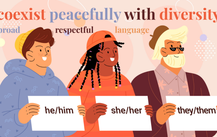 Illustrazione che mostra tre persone che espongono i vari pronomi.