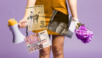 Parte del corpo di una donna con i mano un megafono per fare adv e attorno delle pubblicità sessiste.