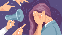 Illustrazione - donna con il viso tra le mani. Si difende dagli attacchi verbali. Intorno a lei altre mani che la giudicano.