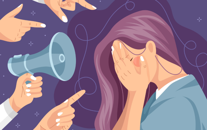Illustrazione - donna con il viso tra le mani. Si difende dagli attacchi verbali. Intorno a lei altre mani che la giudicano.