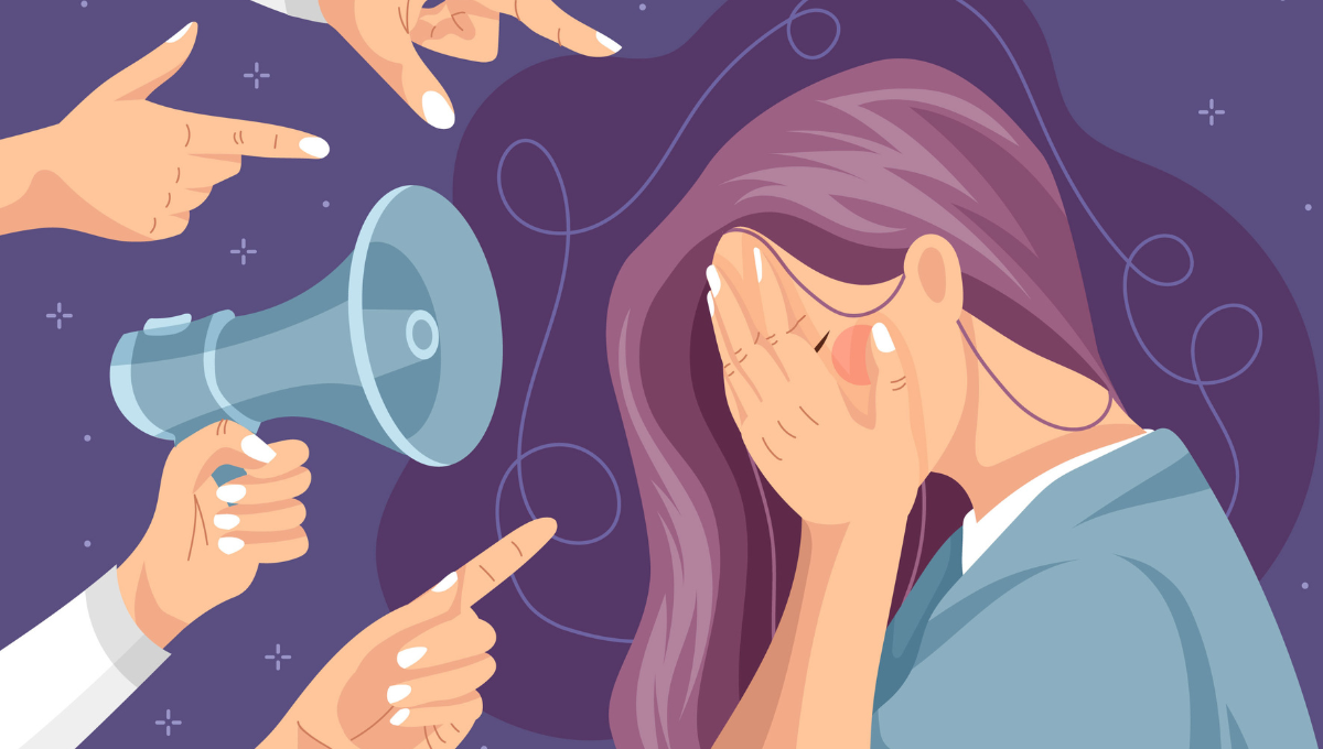 Illustrazione - donna con il viso tra le mani. Si difende dagli attacchi verbali. Intorno a lei altre mani che la giudicano.