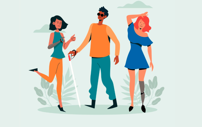 Tre persone diverse con alcune disabilità fisiche.