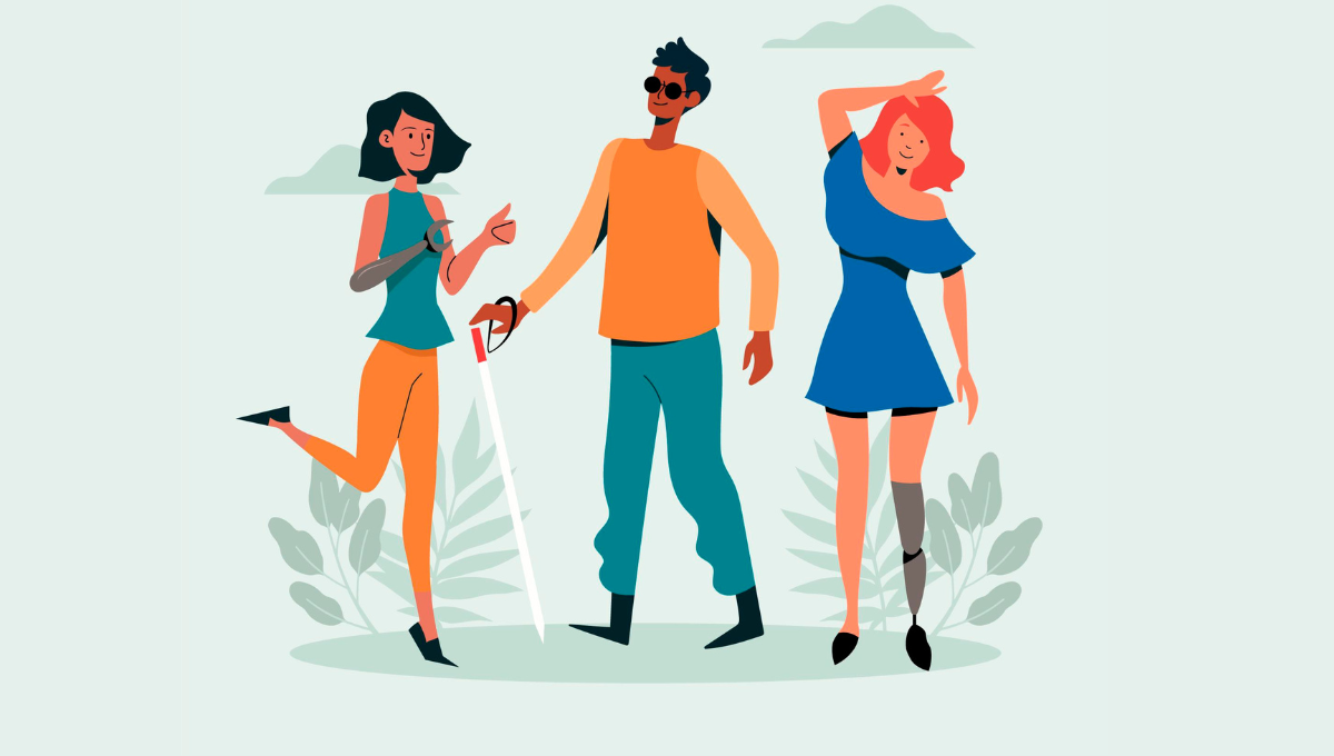 Tre persone diverse con alcune disabilità fisiche.